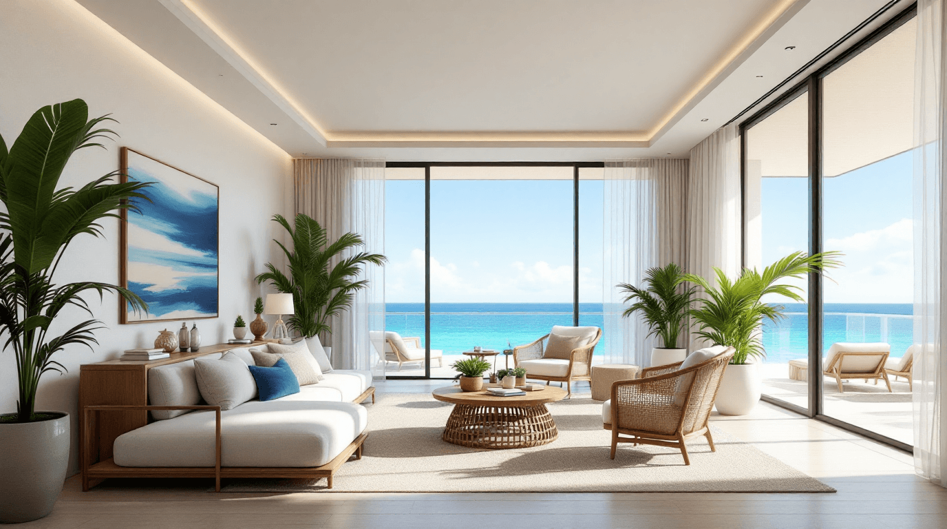 Comunidad residencial tropical con piscina y áreas comunes impecables